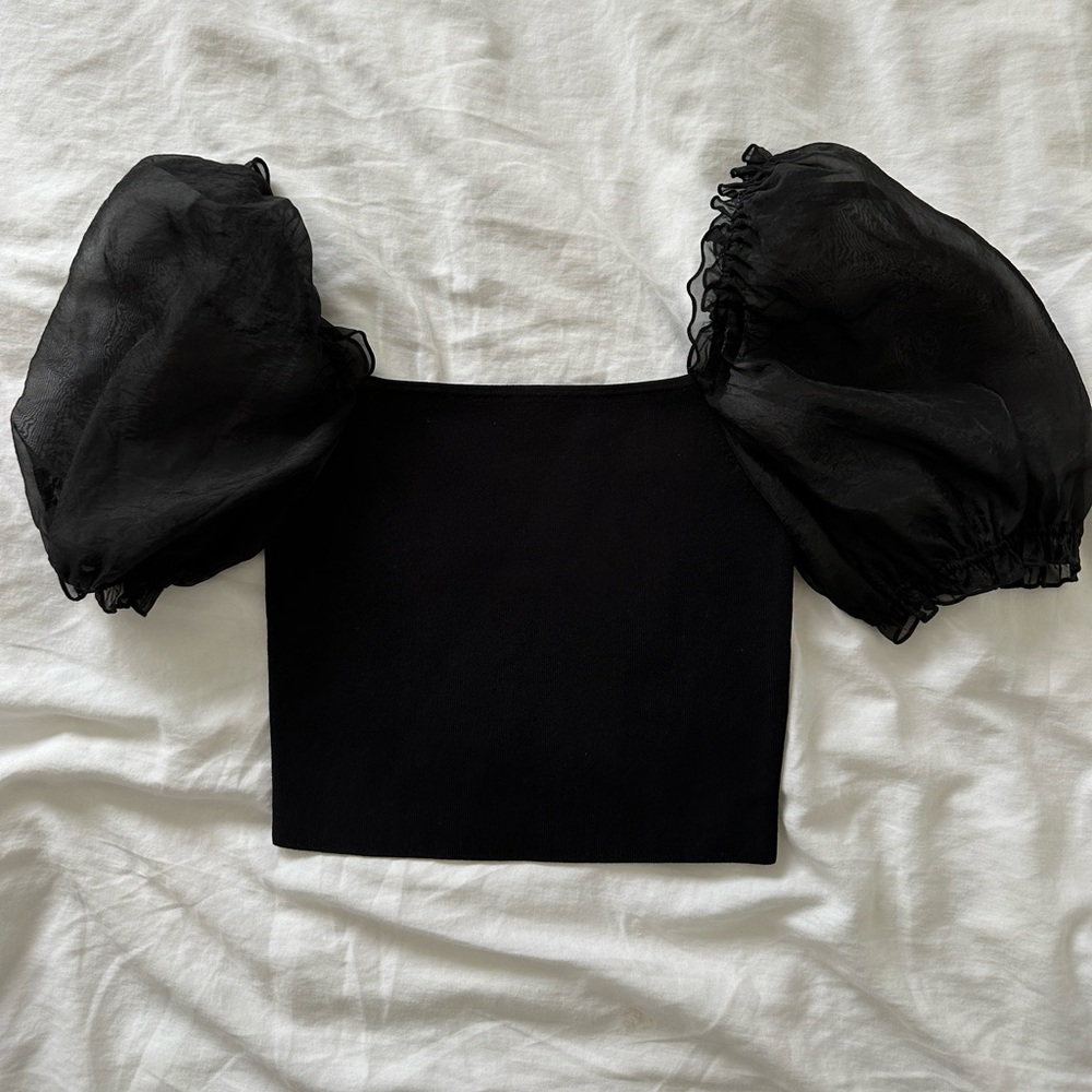 Aritzia WILFRED black sheer puffy sleeve top